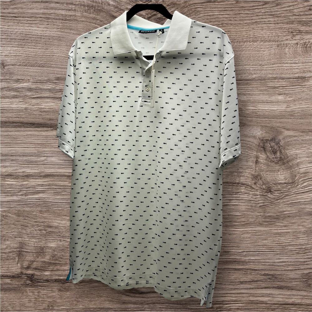 Devereux Golf Men's Shirt Size Med White Polo All Over Fish Print Short Sleeve